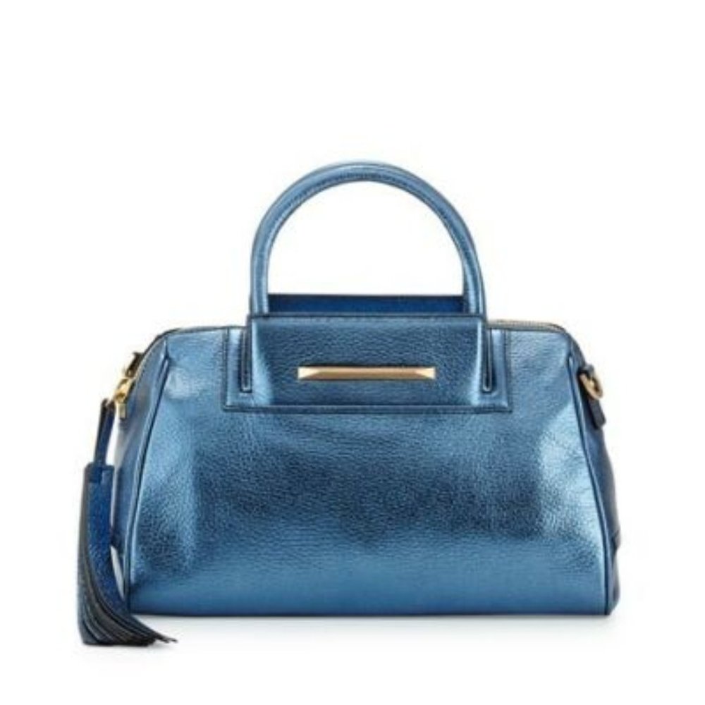 Brian Atwood Sharon Mini Metallic Satchel Bag, Blu